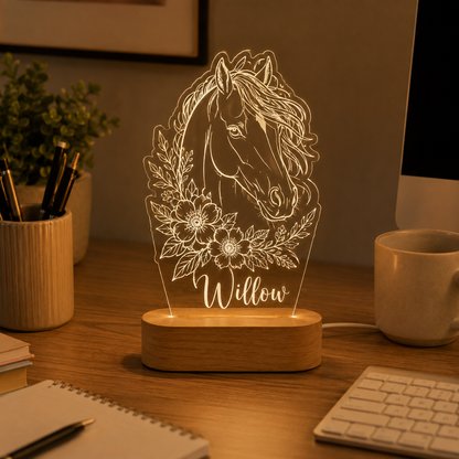 Custom Photo Horse Flower Wooden Led Light | Personalized Horse Photo Wooden Led Light | Gift For Horse Lovers TOM99