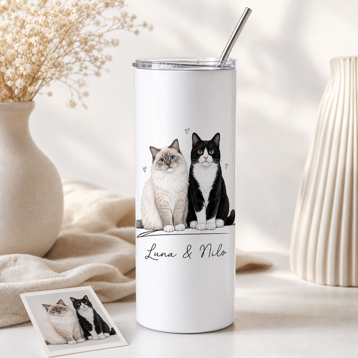 Personalized Photo Cat 20oz Skinny Tumbler – Custom Cat Photo Skinny Tumbler for Woman and Cat Owners TOM99