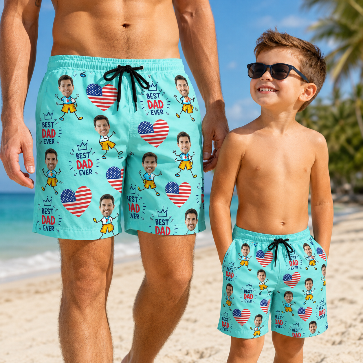 Custom Photo Best Dad Ever Summer Beach Shorts, Personalized Matching Swim Trunks, Tropical Family Vacation Gift