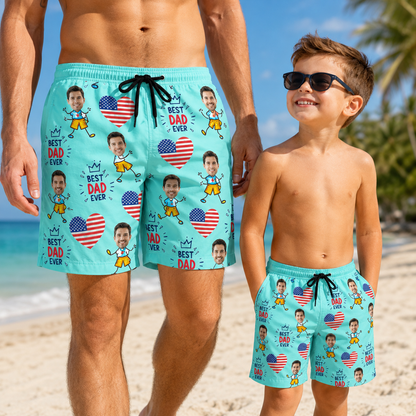 Custom Photo Best Dad Ever Summer Beach Shorts, Personalized Matching Swim Trunks, Tropical Family Vacation Gift