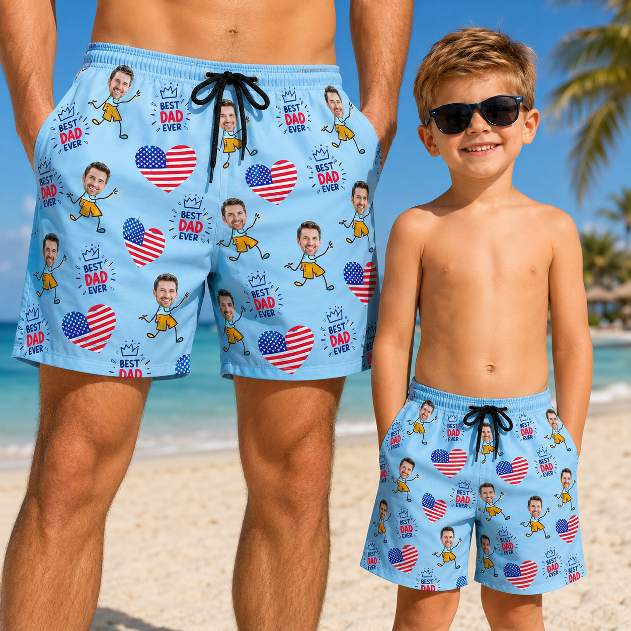 Custom Photo Best Dad Ever Summer Beach Shorts, Personalized Matching Swim Trunks, Tropical Family Vacation Gift