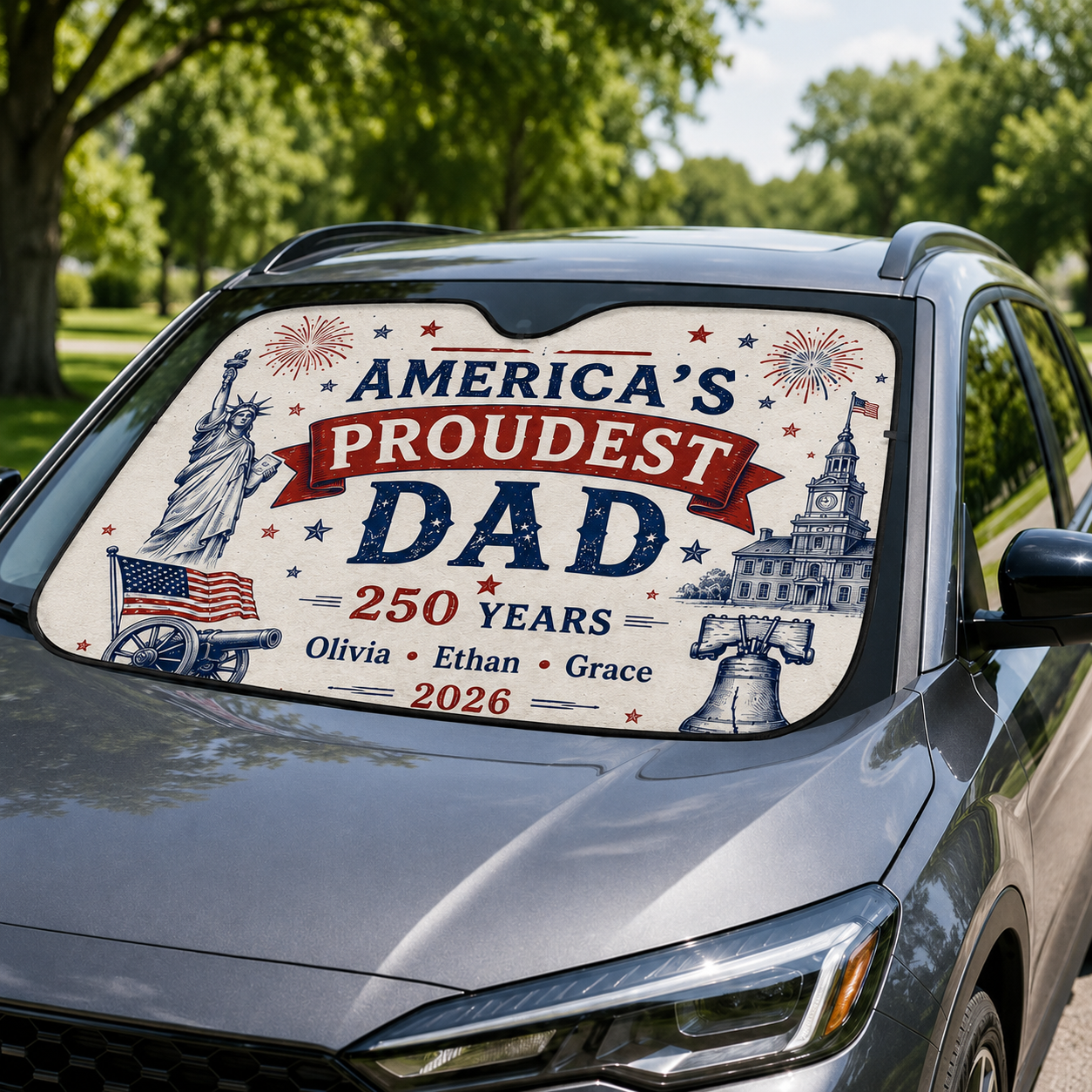 Personalized 250th Dad America Auto Car Sun Shade, Custom Car Sun Shade for Dad, Gift For Dad TOM99