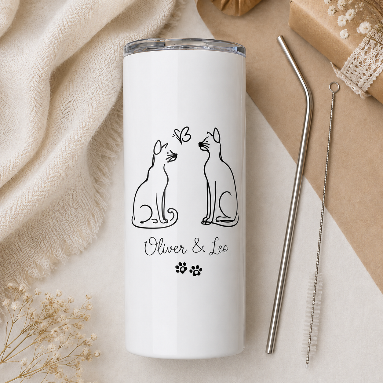 Personalized Photo Two Cats 20oz Skinny Tumbler – Custom Cat Photo Skinny Tumbler for Woman and Cat Owners TOM99