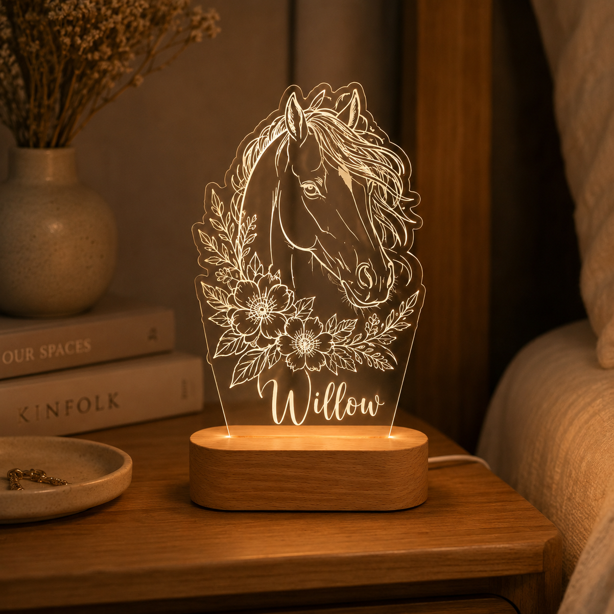 Custom Photo Horse Flower Wooden Led Light | Personalized Horse Photo Wooden Led Light | Gift For Horse Lovers TOM99