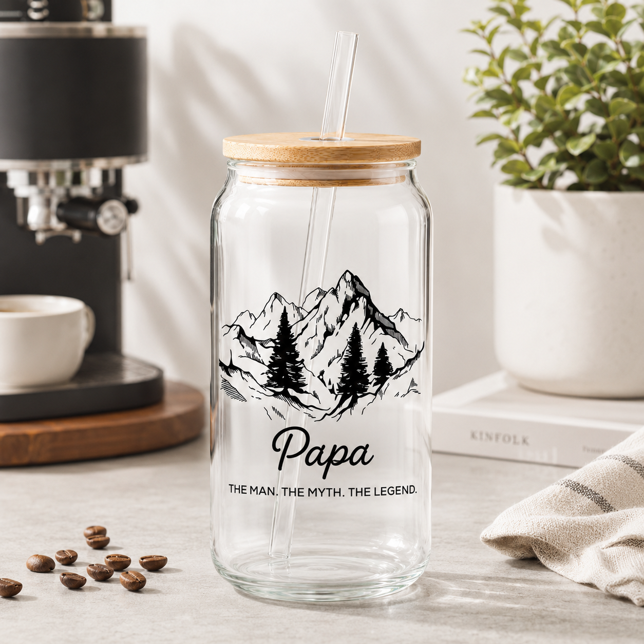 Custom Dad Mountain Glass 16oz – Personalized Dad Glass Cup with Bamboo Lid & Straw | Gift For Father  TOM99