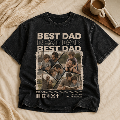 Custom Best Dad In The World Photo Wash T-Shirt, Personalized Dad Gifts | Gift For Dad TOM99
