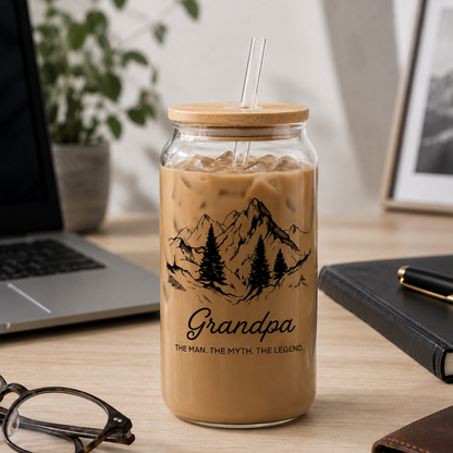 Custom Dad Mountain Glass 16oz – Personalized Dad Glass Cup with Bamboo Lid & Straw | Gift For Father  TOM99