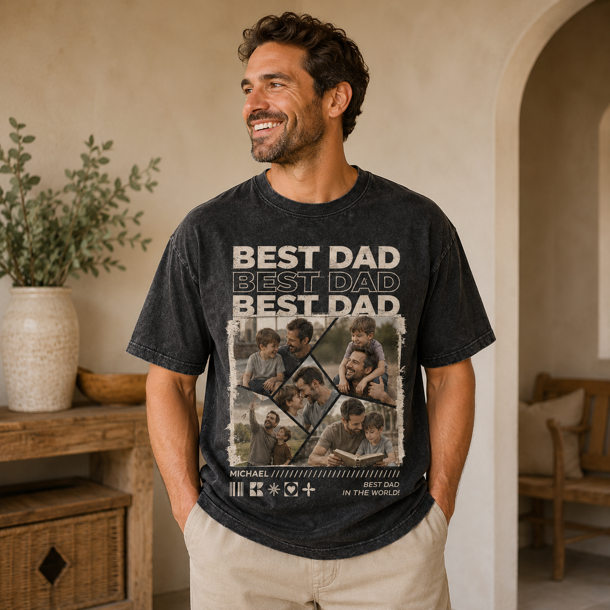 Custom Best Dad In The World Photo Wash T-Shirt, Personalized Dad Gifts | Gift For Dad TOM99