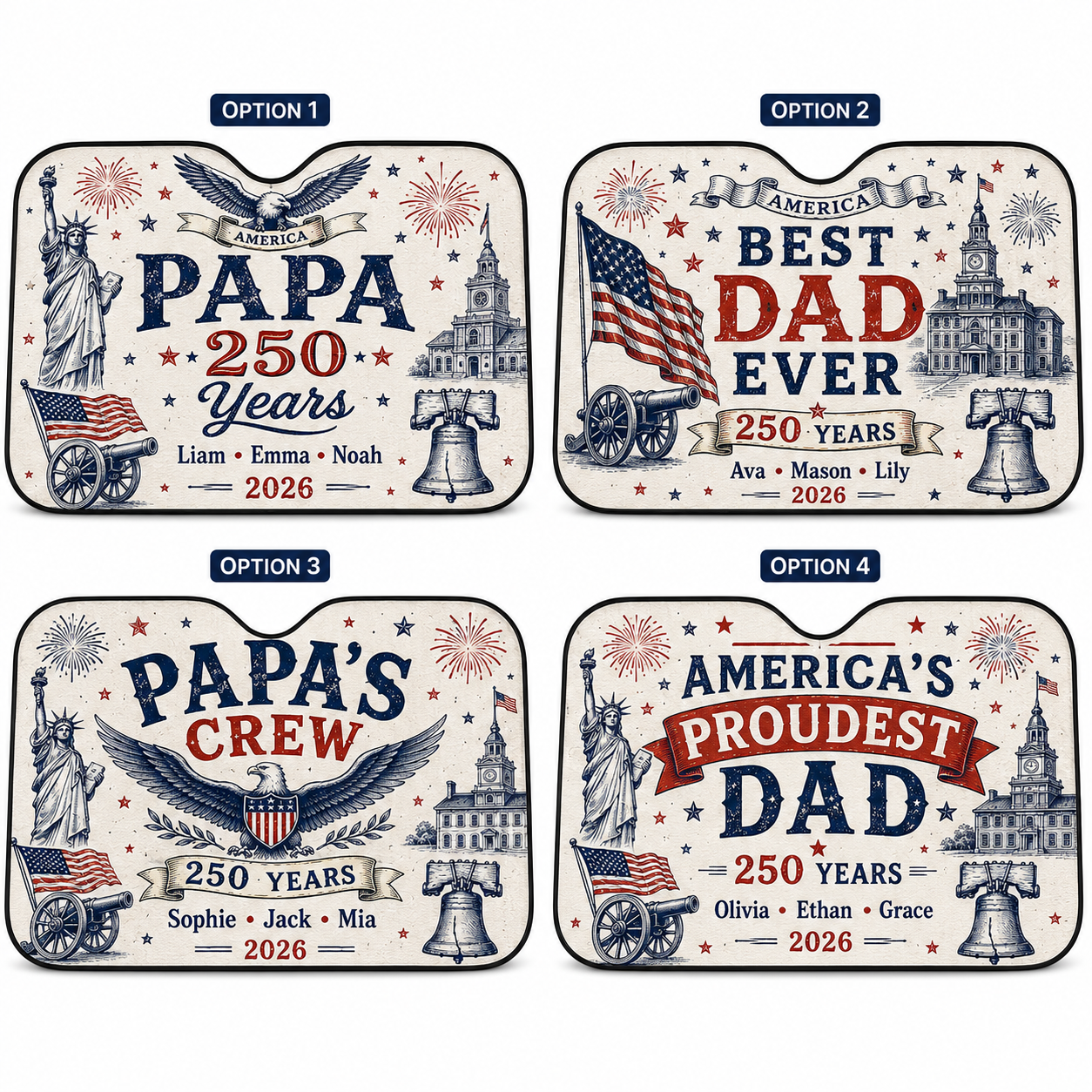 Personalized 250th Dad America Auto Car Sun Shade, Custom Car Sun Shade for Dad, Gift For Dad TOM99