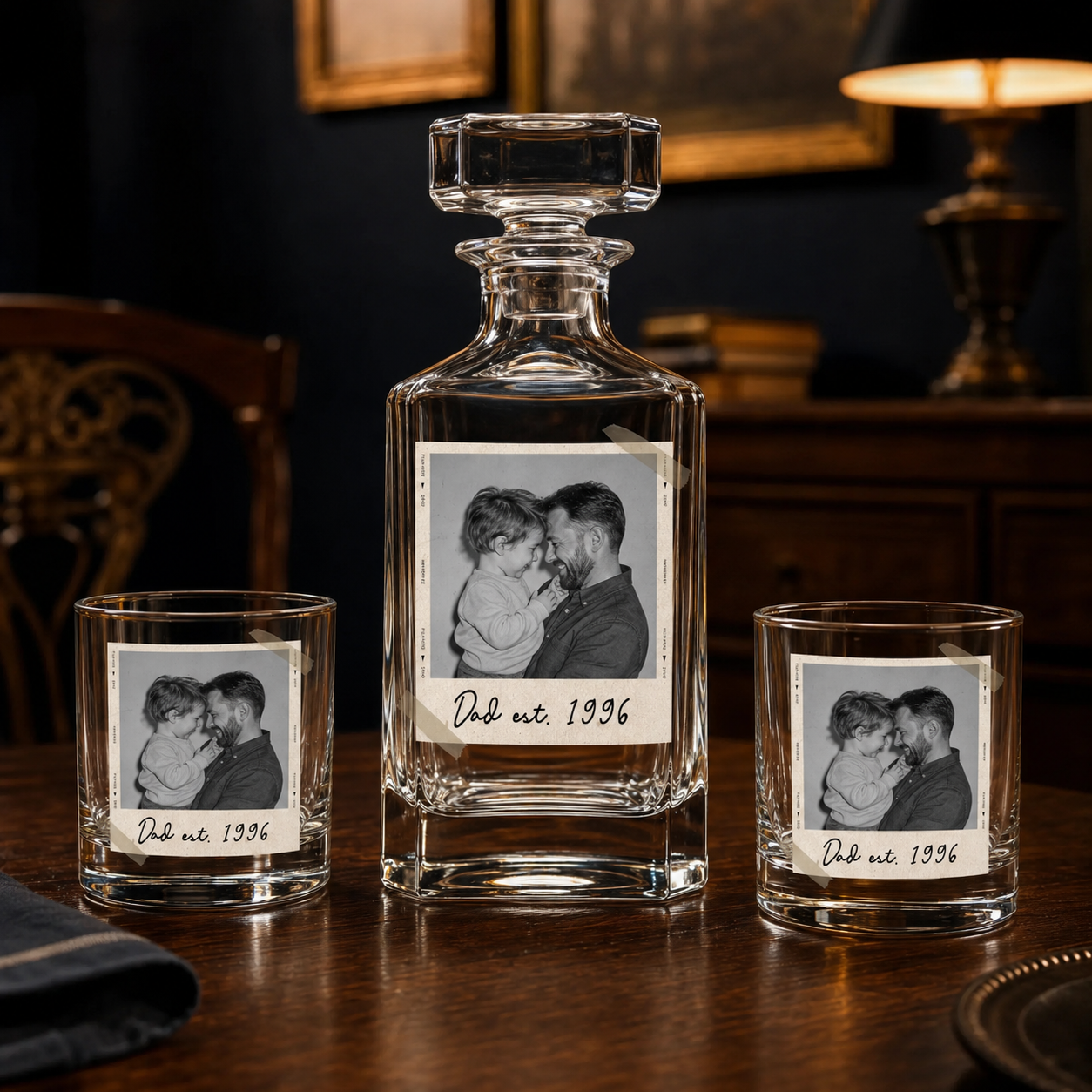 Custom Photo Dad Est Whiskey Decanter Set | Personalized Gift For Dad | Father's Day Gifts