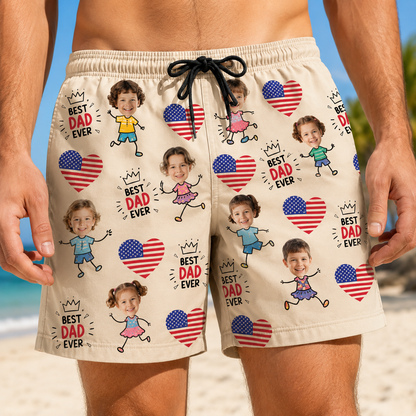 Custom Photo Best Dad Ever Summer Beach Shorts, Personalized Matching Swim Trunks, Tropical Family Vacation Gift