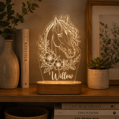 Custom Photo Horse Flower Wooden Led Light | Personalized Horse Photo Wooden Led Light | Gift For Horse Lovers TOM99