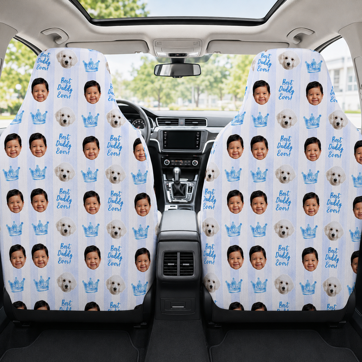 Personalized Dad & Son Portrait Car Seat Cover, Custom Dad Seat Protector, Gift For Dad TOM99