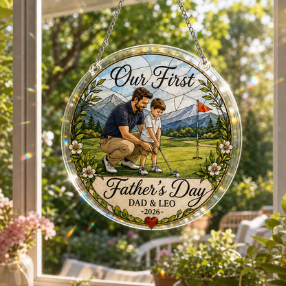 Custom Photo Dad & Son Stained Glass Suncatcher – Personalized Dad Gifts | Gift For Dad TOM99