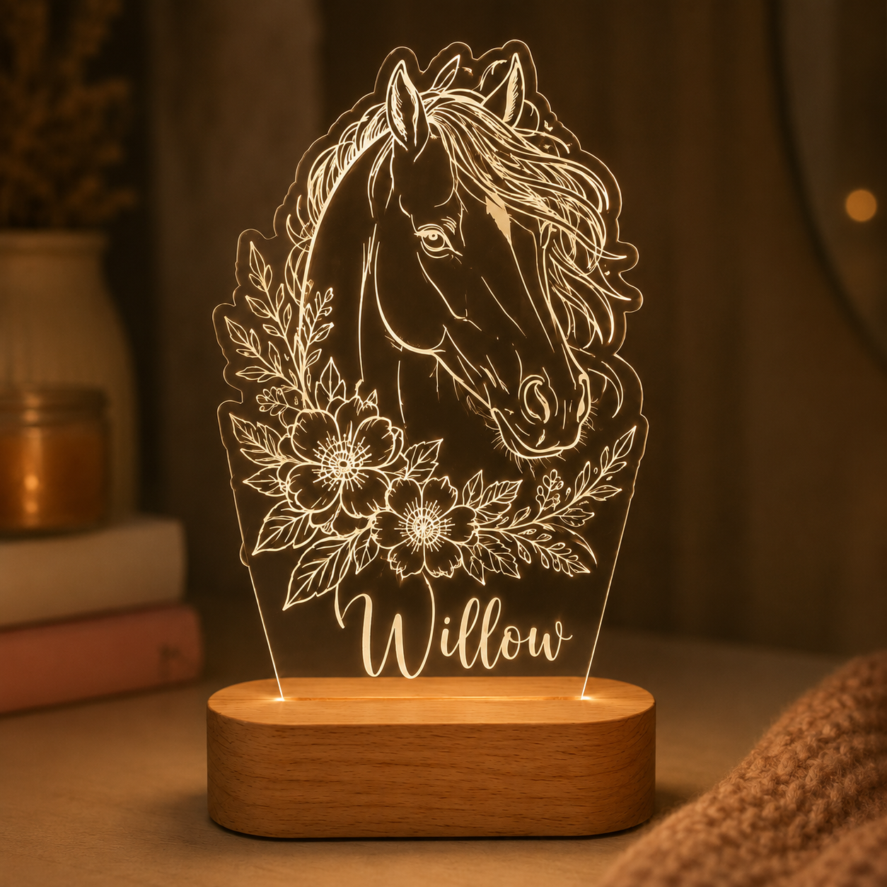 Custom Photo Horse Flower Wooden Led Light | Personalized Horse Photo Wooden Led Light | Gift For Horse Lovers TOM99