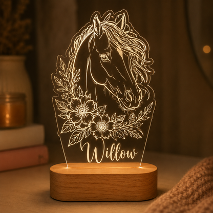 Custom Photo Horse Flower Wooden Led Light | Personalized Horse Photo Wooden Led Light | Gift For Horse Lovers TOM99