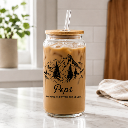 Custom Dad Mountain Glass 16oz – Personalized Dad Glass Cup with Bamboo Lid & Straw | Gift For Father  TOM99