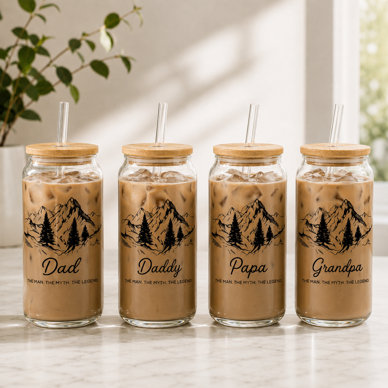 Custom Dad Mountain Glass 16oz – Personalized Dad Glass Cup with Bamboo Lid & Straw | Gift For Father  TOM99