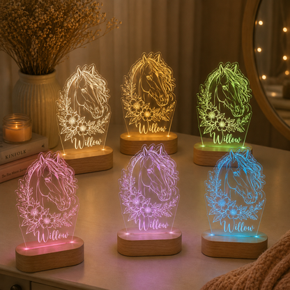 Custom Photo Horse Flower Wooden Led Light | Personalized Horse Photo Wooden Led Light | Gift For Horse Lovers TOM99