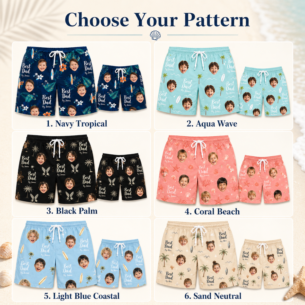 Custom Photo Dad Beach Shorts, Personalized Matching Swim Trunks, Tropical Family Vacation Gift