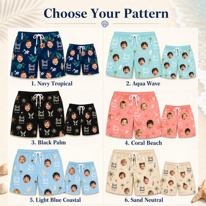 Custom Photo Dad Beach Shorts, Personalized Matching Swim Trunks, Tropical Family Vacation Gift