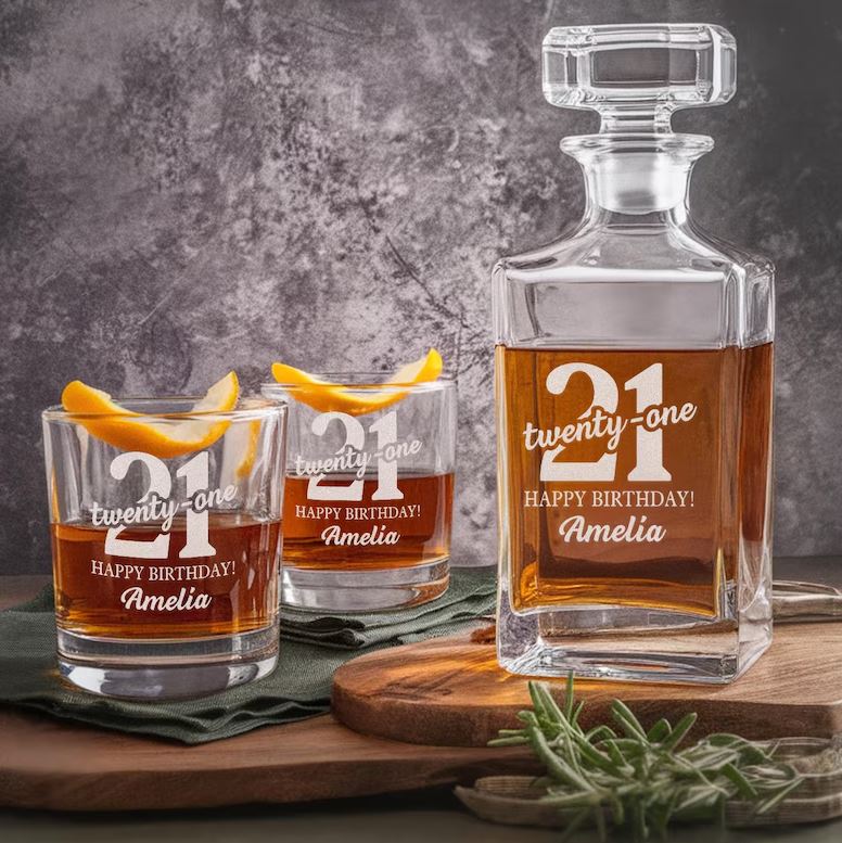 Personalized Name & Age Celebration Whiskey Glass And Decanter Set | Best Custom Gift For Birthday | Engraved Gift For Birthday