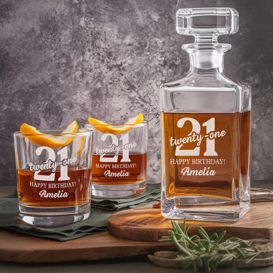 Personalized Name & Age Celebration Whiskey Glass And Decanter Set | Best Custom Gift For Birthday | Engraved Gift For Birthday