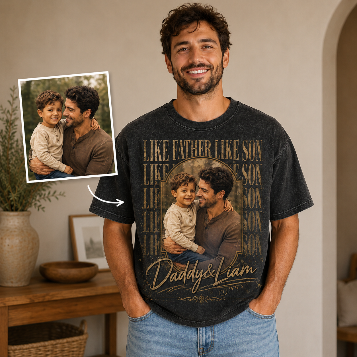 Custom Dad & Son Photo Wash T-Shirt, Personalized Dad Gifts | Gift For Dad TOM99