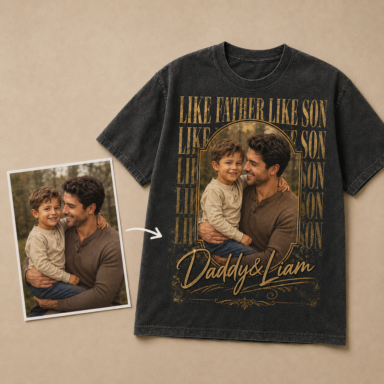Custom Dad & Son Photo Wash T-Shirt, Personalized Dad Gifts | Gift For Dad TOM99