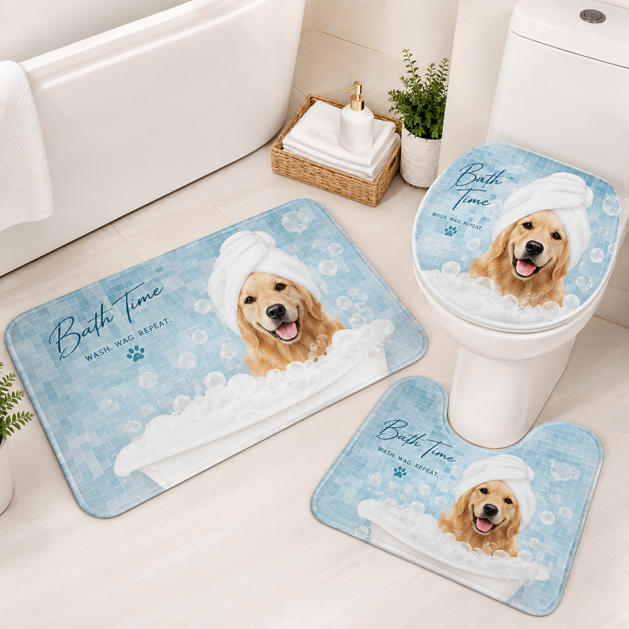 Custom Photo Dog Bath Time 3pcs Bathroom Rug Set | Gift For Dog Lovers | Pet Photo Gifts