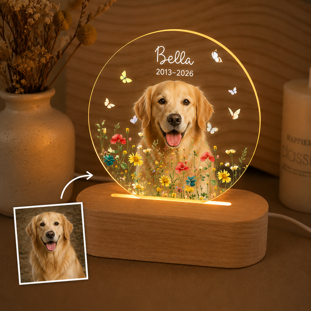 Custom Photo Dog Flower Memorial Wooden LED Light | Personalized Dog Photo LED Night Light | Pet Loss Sympathy Gift TOM99