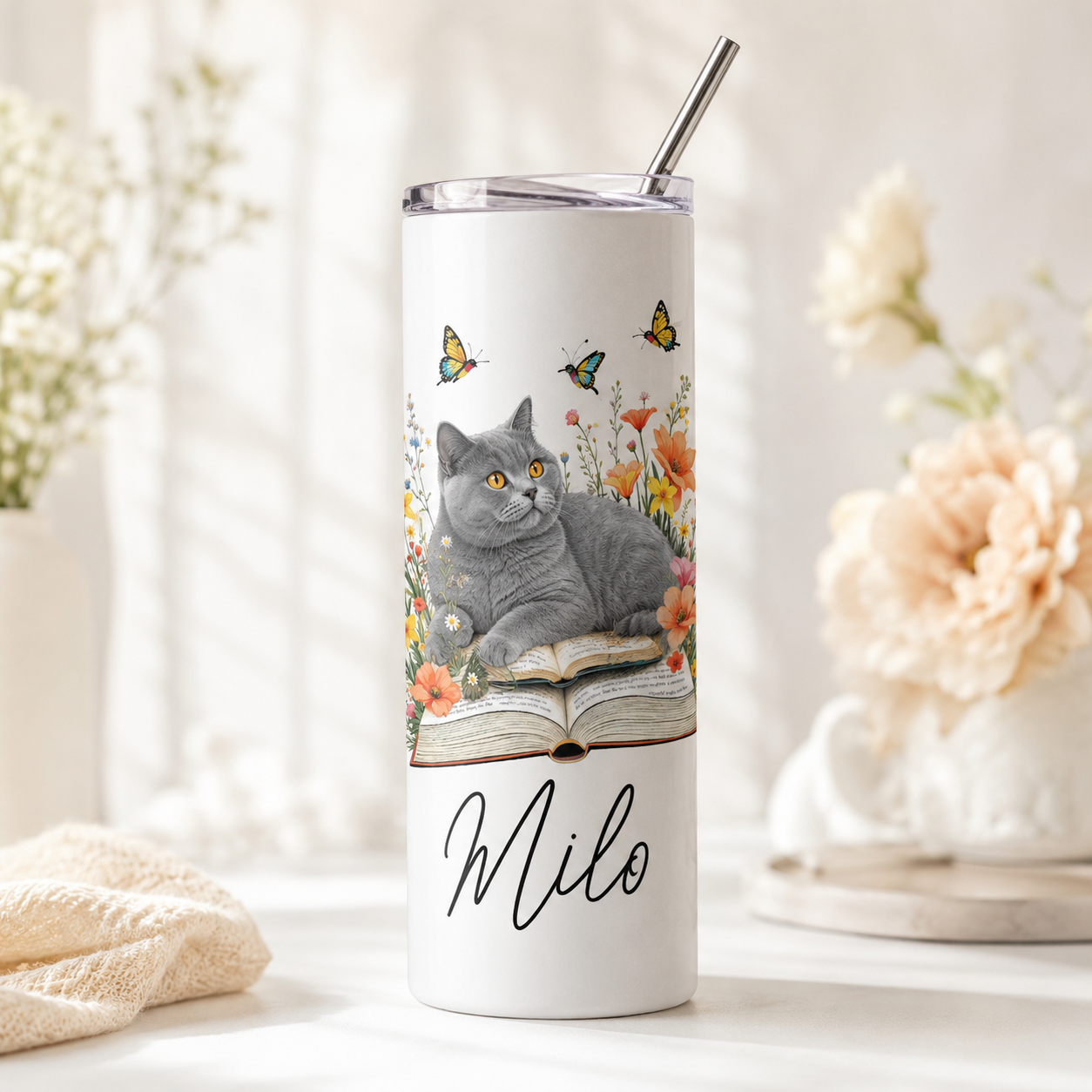 Personalized Photo Book Cat 20oz Skinny Tumbler – Custom Cat Photo Skinny Tumbler For Woman and Cat Owners TOM99