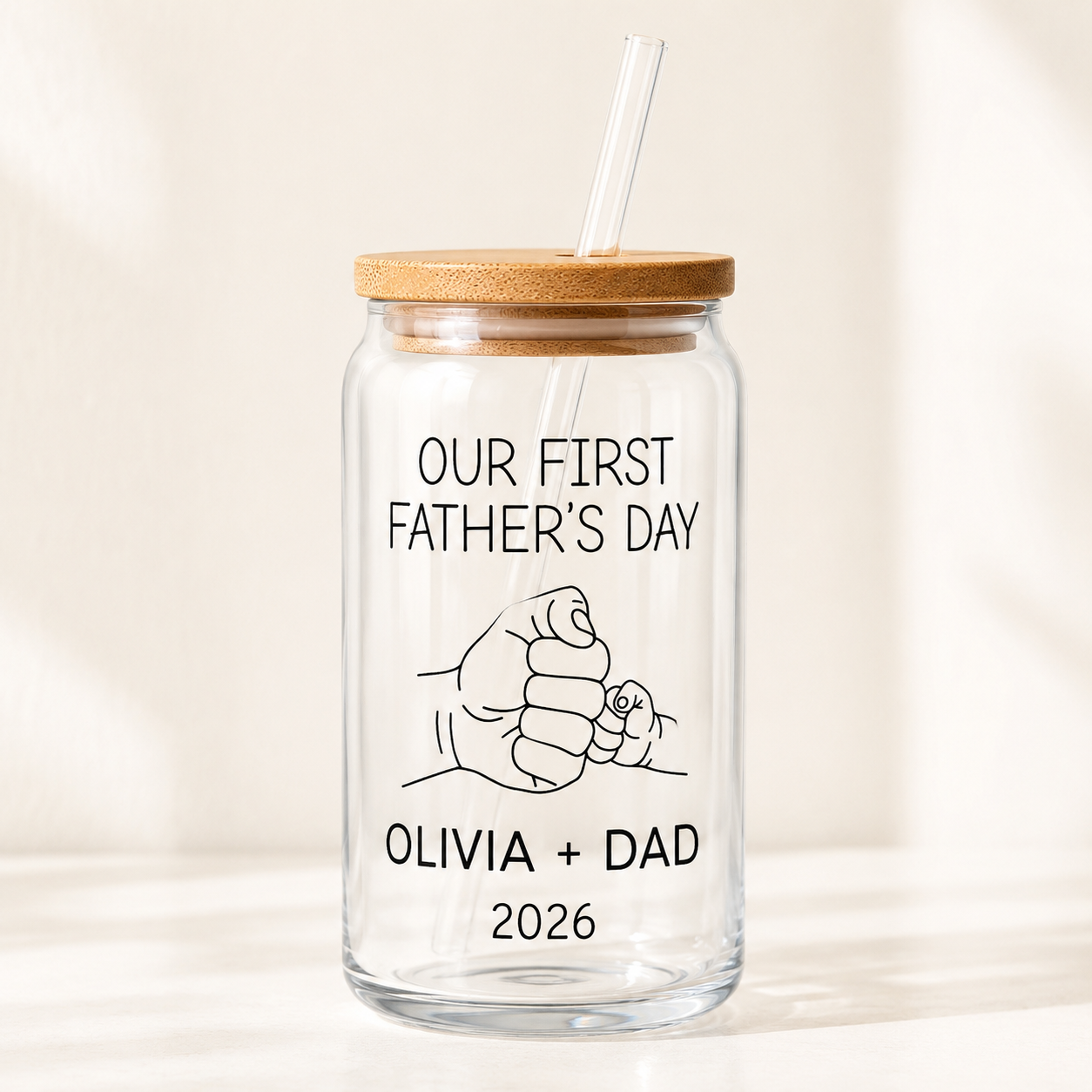 Custom First Dad Glass 16oz – Personalized Dad Glass Cup with Bamboo Lid & Straw | Gift For Father  TOM99