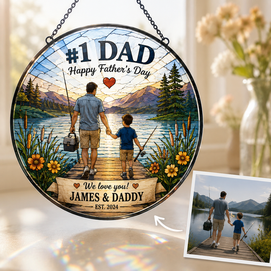 Custom First Dad Photo Stained Glass Suncatcher – Personalized Dad Gifts | Gift For Dad TOM99