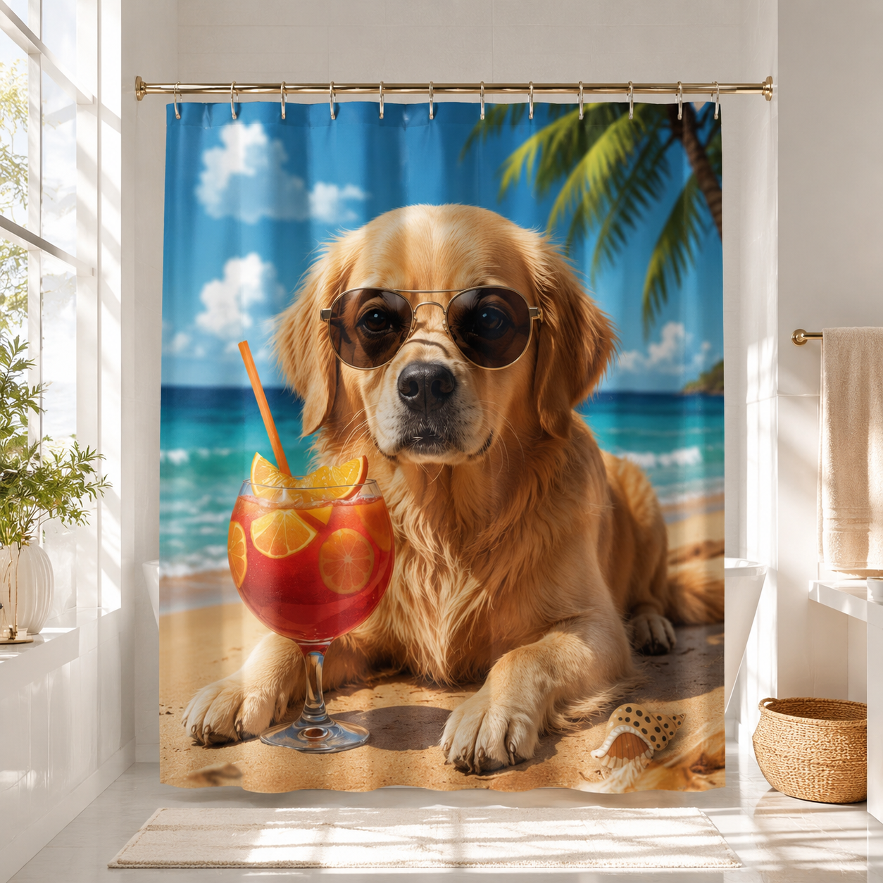 Custom Photo Dog On The Beach Shower Curtain | Gift For Dog Lovers