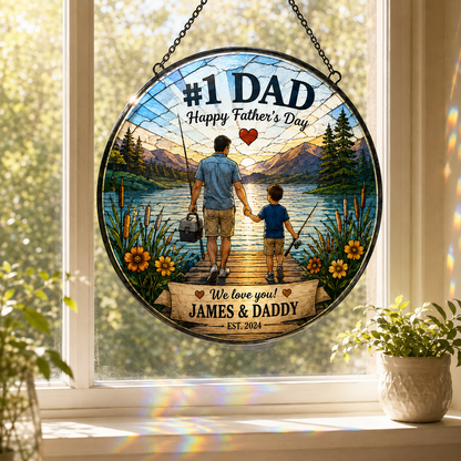 Custom First Dad Photo Stained Glass Suncatcher – Personalized Dad Gifts | Gift For Dad TOM99