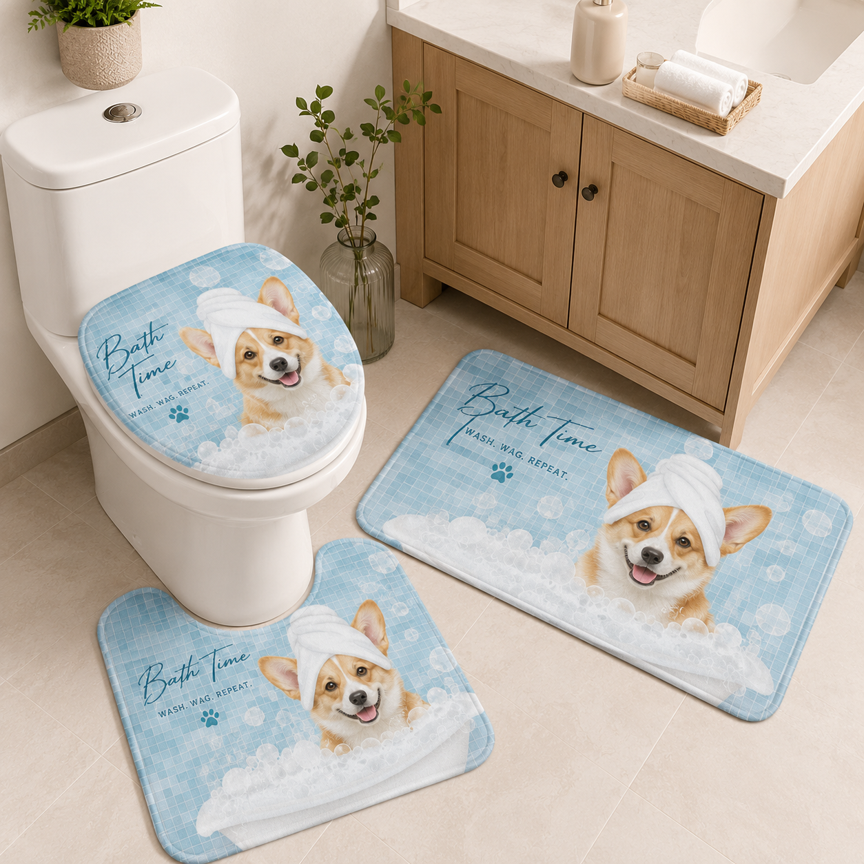 Custom Photo Dog Bath Time 3pcs Bathroom Rug Set | Gift For Dog Lovers | Pet Photo Gifts