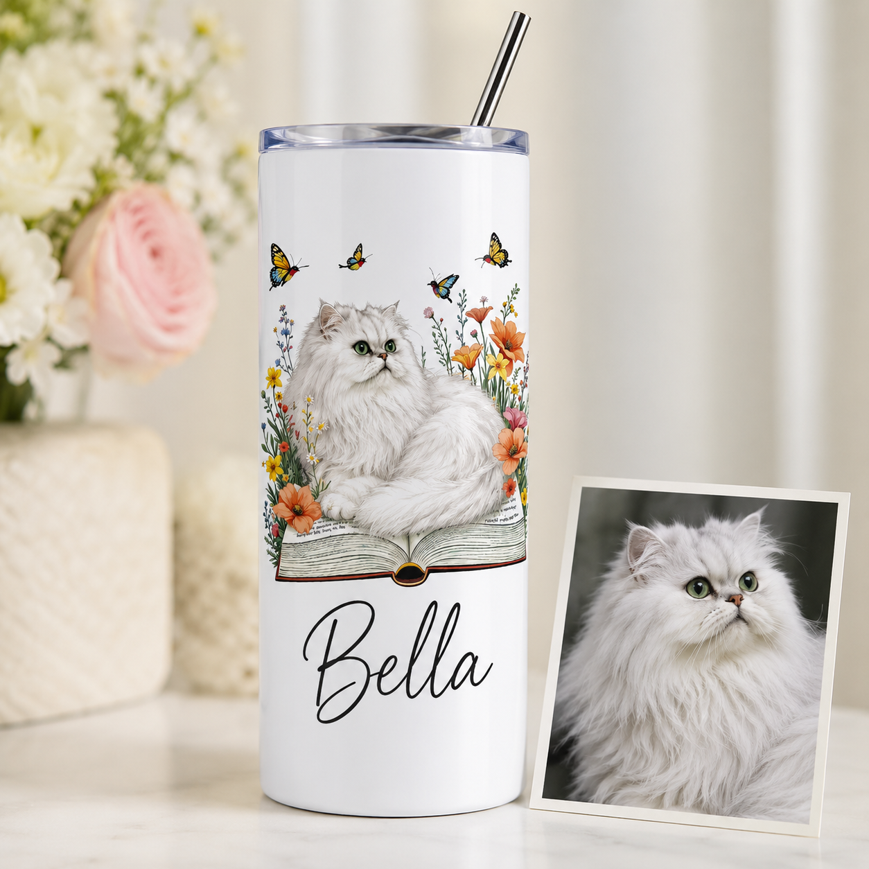 Personalized Photo Book Cat 20oz Skinny Tumbler – Custom Cat Photo Skinny Tumbler For Woman and Cat Owners TOM99