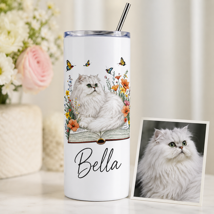 Personalized Photo Book Cat 20oz Skinny Tumbler – Custom Cat Photo Skinny Tumbler For Woman and Cat Owners TOM99