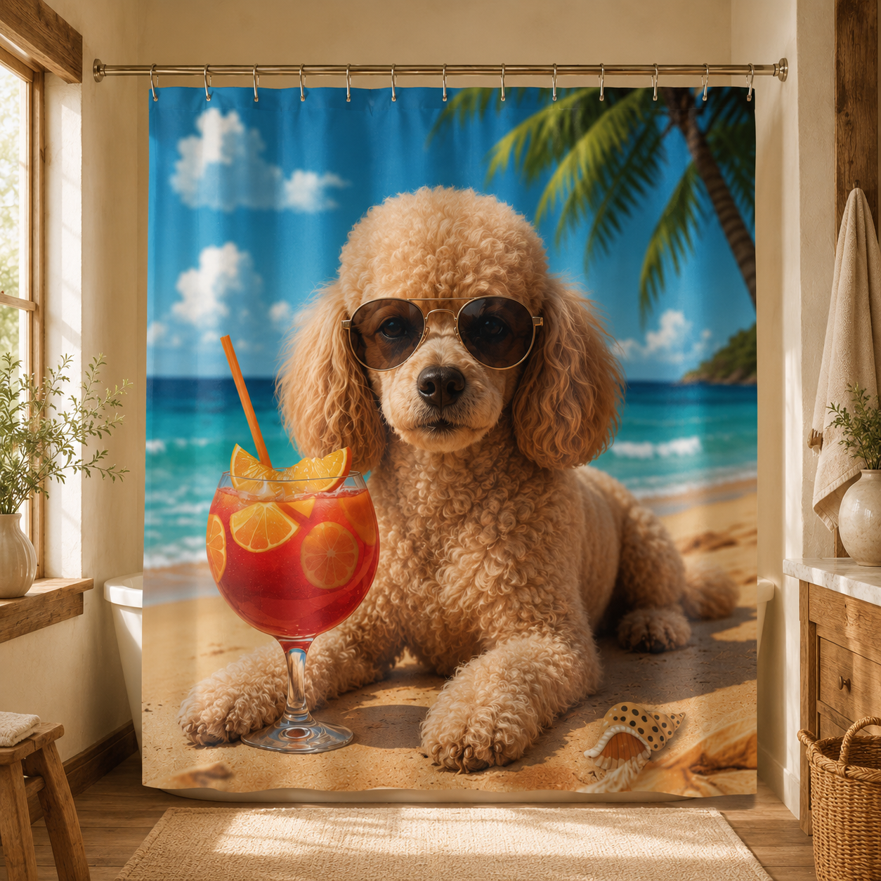 Custom Photo Dog On The Beach Shower Curtain | Gift For Dog Lovers
