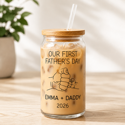 Custom First Dad Glass 16oz – Personalized Dad Glass Cup with Bamboo Lid & Straw | Gift For Father  TOM99