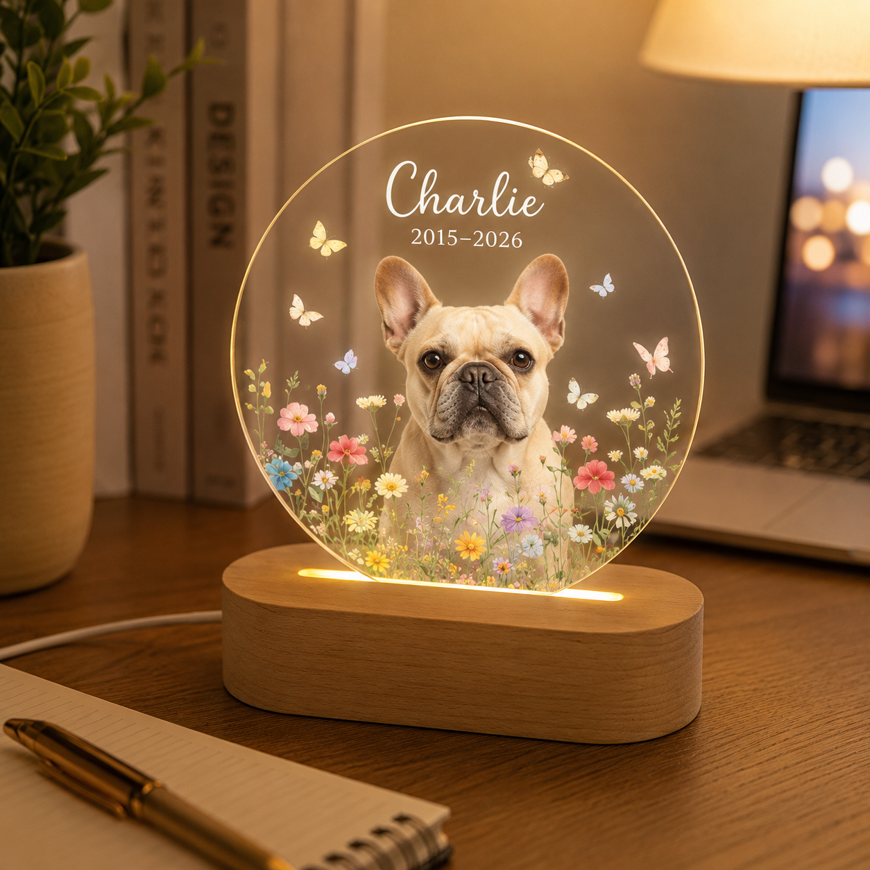 Custom Photo Dog Flower Memorial Wooden LED Light | Personalized Dog Photo LED Night Light | Pet Loss Sympathy Gift TOM99