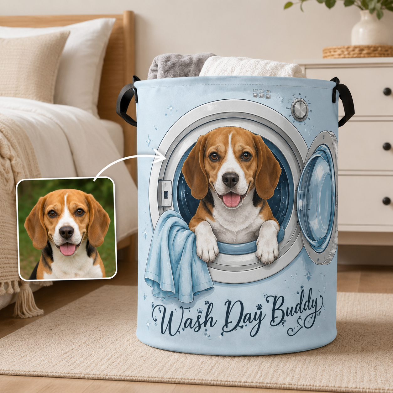 Custom Photo Dog Laundry Basket | Gift For Dog Lovers | Dog Bathroom Decor