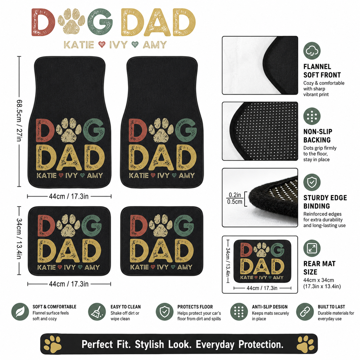 Personalized Dog Dad Flannel Car Floor Mats, Custom Dad Floor Mats, Gift For Dad TOM99