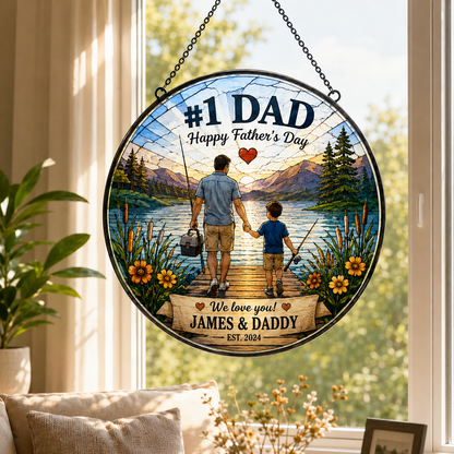 Custom First Dad Photo Stained Glass Suncatcher – Personalized Dad Gifts | Gift For Dad TOM99