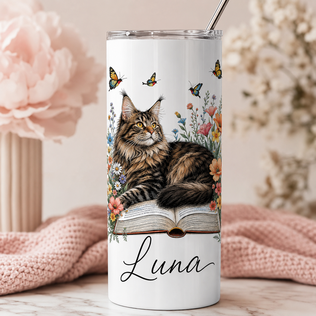 Personalized Photo Book Cat 20oz Skinny Tumbler – Custom Cat Photo Skinny Tumbler For Woman and Cat Owners TOM99