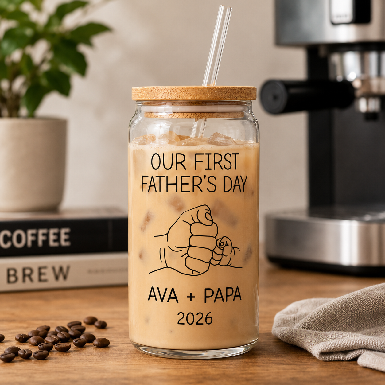 Custom First Dad Glass 16oz – Personalized Dad Glass Cup with Bamboo Lid & Straw | Gift For Father  TOM99