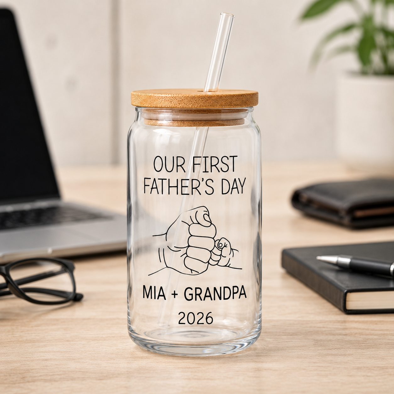 Custom First Dad Glass 16oz – Personalized Dad Glass Cup with Bamboo Lid & Straw | Gift For Father  TOM99