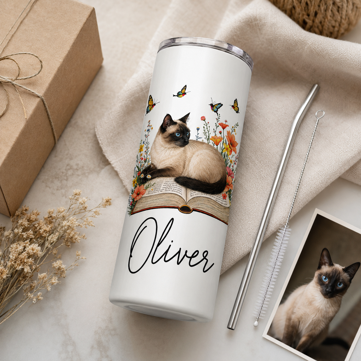 Personalized Photo Book Cat 20oz Skinny Tumbler – Custom Cat Photo Skinny Tumbler For Woman and Cat Owners TOM99