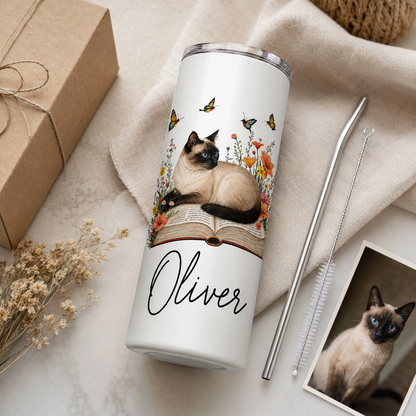 Personalized Photo Book Cat 20oz Skinny Tumbler – Custom Cat Photo Skinny Tumbler For Woman and Cat Owners TOM99